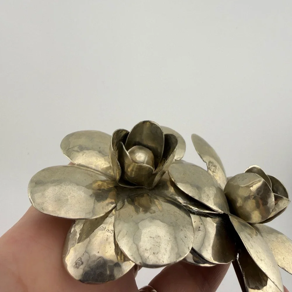 Vintage Artisan Hammered Metal 3D Flower Belt Buckle Silver Tone Statement